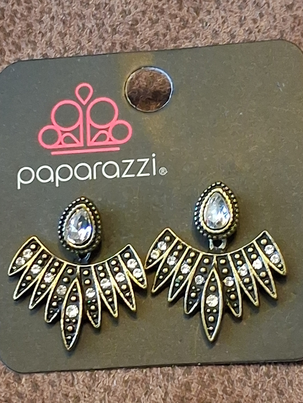 paparazzi Brass Tone Convertible Rhinestone Fan Jacket Earrings
